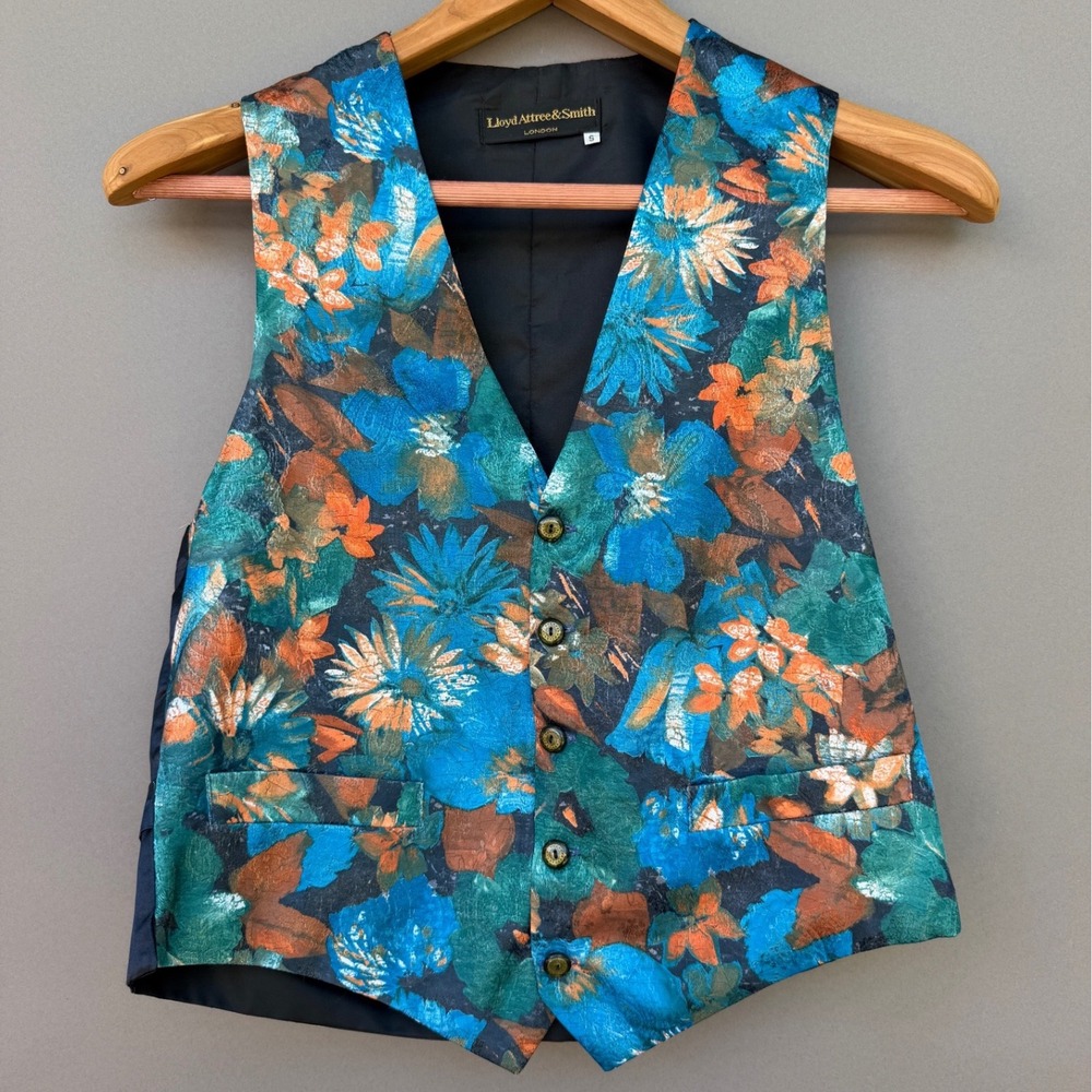 Lloyd Attree & Smith Floral Waistcoat S Blue Orange Metallic Tapestry Vest Suit